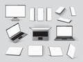 Gadgets mockups. Realistic laptop, mobile phone, computer monitor screen and tablet in front, angle and top view. 3d smart device Royalty Free Stock Photo