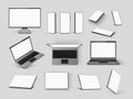 Gadgets mockups. Realistic laptop, mobile phone, computer monitor screen and tablet in front, angle and top view. 3d Royalty Free Stock Photo