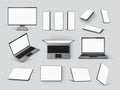 Gadgets mockups. Realistic laptop, mobile phone, computer monitor screen and tablet in front, angle and top view. 3d