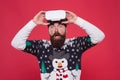 Gadgets review. Techno blogger. Bearded hipster play game vr. Merry christmas. Cyber gaming. Virtual achievement. Future