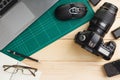 gadgets on wooden desk Royalty Free Stock Photo