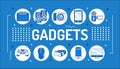 Gadgets word lettering typography. Electronic devices. Infographics with linear icons on blue background. Isolated outline color Royalty Free Stock Photo