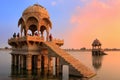 Gadi Sagar temple on Gadisar lake at sunset, Jaisalmer, India