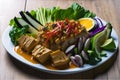 Gado Gado Salad Recipe with Fried Rice, Gado-gado vegan salad with cooked vegetables, tofu, and peanut sauce