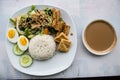 GADO GADO typical Indonesian salad with hard-boiled eggs, boiled potato, fried tofu and tempeh and peanut sauce - centered