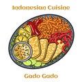 Gado-gado is a typical Indonesian salad containing boiled vegetables and potatoes, boiled eggs, fried tofu tempeh and lontong,