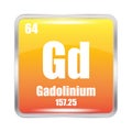 Gadolinium icon. Gd chemical element. Atomic number 64. Mass 157.25. Orange square image. Vector symbol.