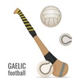 Gaelic football club and balls icon set. Irish football sport equipment. Vector Royalty Free Stock Photo