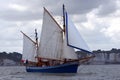 Gaff-rigged sailing vessel.