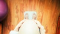 Gain weight pregnant woman. Happy pregnancy woman standing on weight scales. Concept of pregnancy, maternity Royalty Free Stock Photo