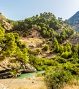 The Gaitanejo river winds into the gorge viewed from the Caminito del Rey pathway near Ardales, Spain Royalty Free Stock Photo