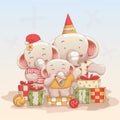 Happy elephants family celebrate christmas and new year. vector hand drawn cartoon art style Royalty Free Stock Photo