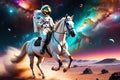 Galactic Canter: Horse Riding an Astronaut Mid-Gallop, Celestial Bodies in the Backdrop, Nebulae Casting a Vibrant Glow