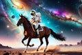 Galactic Canter: Horse Riding an Astronaut Mid-Gallop, Celestial Bodies in the Backdrop, Nebulae Casting a Vibrant Glow