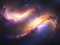 A galactic collision between two massive galaxies, with stars and gas clouds merging in a cosmic dance Royalty Free Stock Photo