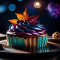 Galactic Delights: Turquoise-Chocolate Cake with Cosmic Cream and Autumnal Berries