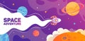 Galactic dreams. Template horizontal banner, universe. Space trip. A rocket flying among planets and stars. Space