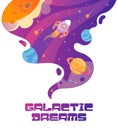 Galactic dreams. Template banner, universe. Space trip. A rocket flying among planets and stars. Space landscape