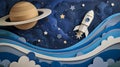 Galactic Dreams: A Whimsical Paper Cut Mural of Saturn, Rockets