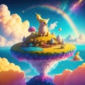 Cosmic Canine: AI-Generated Yellow Dog on an Island in a Galaxy Rainbow Cloud