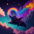 Astral Grace: AI-Generated Bat Portraits in a Galaxy Rainbow Cloud