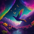 Celestial Flutter: AI-Generated Hummingbird Portraits in a Galaxy Rainbow Cloud