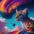 Stellar Whispers: AI-Generated Margay Portraits in a Rainbow Cloud