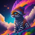 Stellar Whispers: AI-Generated Portraits of a Margay in a Rainbow Cloud
