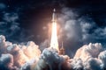 Galactic launch, Rocket ship takes flight amidst celestial marvels Royalty Free Stock Photo