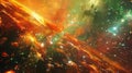 A galactic war of colors with bright oranges and greens colliding against a sea of stars