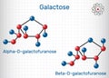 Galactose, alpha-D- galactofuranose, beta-D- galactofuranose, milk sugar molecule. Cyclic form. Sheet of paper in a cage