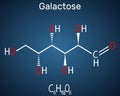 Galactose, D-galactose, milk sugar molecule. Linear form. Structural chemical formula on the dark blue background
