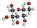 Galactose sugar molecule. Present in milk and dairy products. Atoms are represented as spheres with conventional color coding: