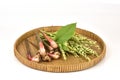 Galanga or Alpinia galanga roots and flowers on a white background.