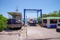 GALAPAGOS, ECUADOR- NOVEMBER, 11 2018: Boat lifted for maintenance in Puerto Ayora, Santa Cruz Island, Galapagos Islands
