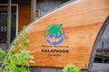 GALAPAGOS, ECUADOR- NOVEMBER, 11 2018: Outdoor view of wooden structure with the Galapagos National park layer at San Royalty Free Stock Photo