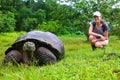 Galapagos giant tortoise with young woman blurred in background Royalty Free Stock Photo