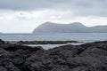 Galapagos landscape with mountains emerging from the ocean, and defocused lava fields in the foreground. There is a gull soaring Royalty Free Stock Photo