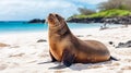 Galapagos Sea Lion in sand lying on beach. Wildlife in nature, animals in habitat. generative ai Royalty Free Stock Photo