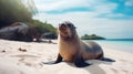 Galapagos Sea Lion in sand lying on beach. Wildlife in nature, animals in habitat. generative ai Royalty Free Stock Photo