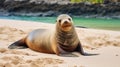 Galapagos Sea Lion in sand lying on beach. Wildlife in nature, animals in habitat. generative ai Royalty Free Stock Photo