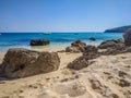 Galapos beach with yachts on the horizon in Natural Park of Serra da ArrÃ¡bida, SetÃºbal PORTUGAL Royalty Free Stock Photo