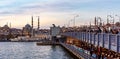 Galata Bridge and Yenicami Mosque (New Mosque) in Istanbul. Beautiful Istanbul bosphorus sunrise landscape.