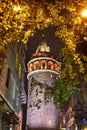 Galata Kulesi Tower at night in Istanbul, Turkey. Ancient Turkish famous landmark in Beyoglu district, European side of the city. Royalty Free Stock Photo