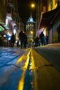 Galata Tower and Istanbul nights. A street through to Galata Kulesi or Tower