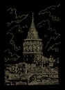 Galata Tower. Istanbul, Turkey. Gold drawing on the black background Royalty Free Stock Photo