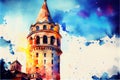 The Galata Tower in Istanbul, Turkey, a historic landmark and popular tourist attraction, generative ai illustration in
