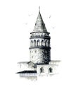 Galata Tower in Istanbul, Turkey. Watercolor illustration. Black and White.