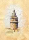 Galata Tower in Istanbul, Turkey. Watercolor illustration on Vintage paper.