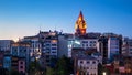 Galata Tower at night, Istanbul, Turkey. Medieval Galata Tower is a famous landmark of Istanbul city. Panorama of Beyoglu district Royalty Free Stock Photo